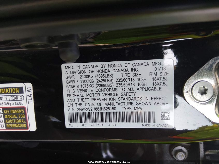 2018 Honda Cr-V Ex-L/Ex-L Navi VIN: 2HKRW2H88JH625150 Lot: 43982724