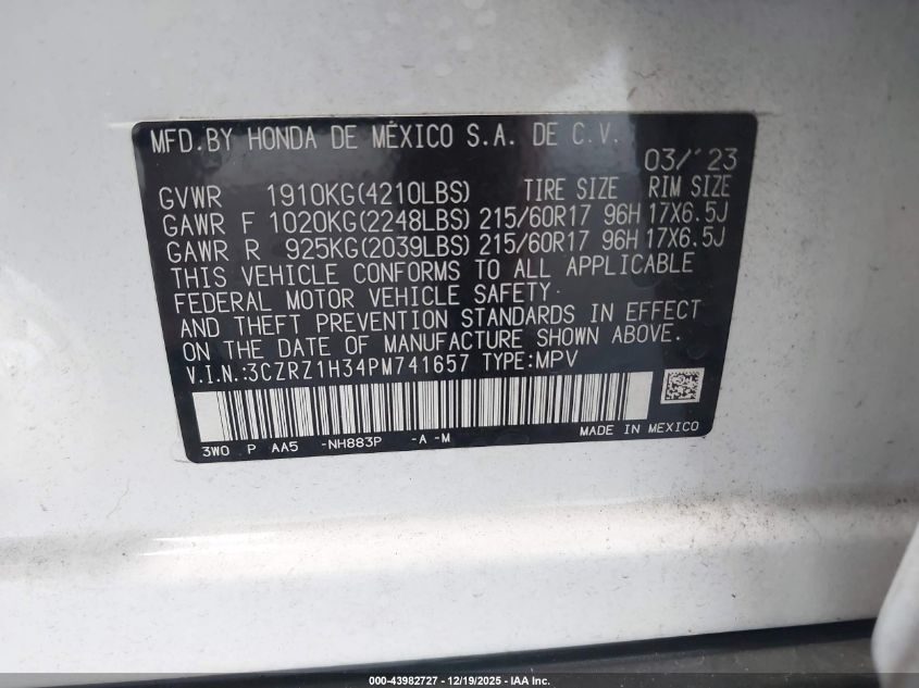 2023 Honda Hr-V 2Wd Lx VIN: 3CZRZ1H34PM741657 Lot: 43982727