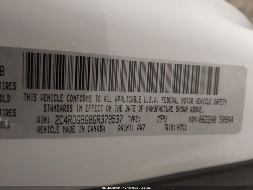 2016 Dodge Grand Caravan Se VIN: 2C4RDGBG8GR379537 Lot: 43982731