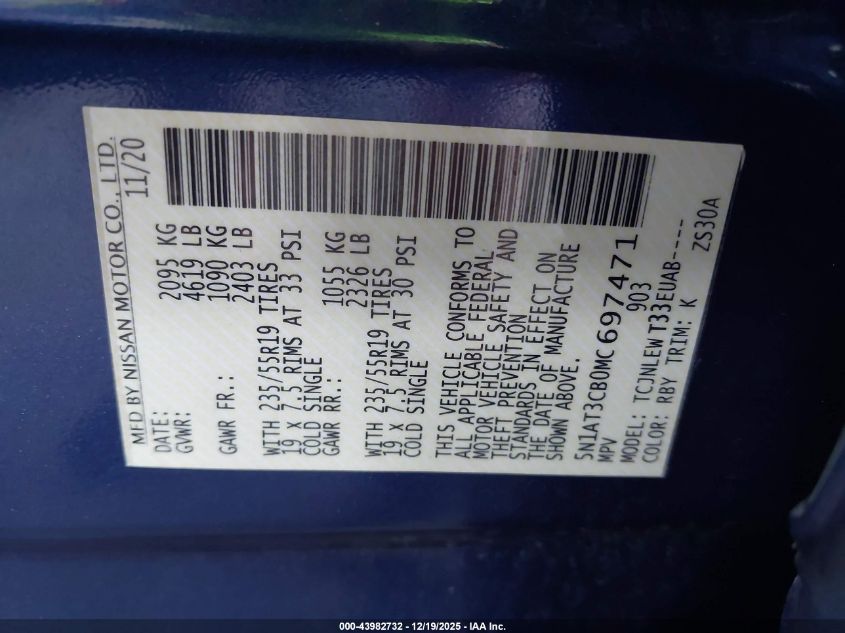 2021 Nissan Rogue Sl Intelligent Awd VIN: 5N1AT3CB0MC697471 Lot: 43982732