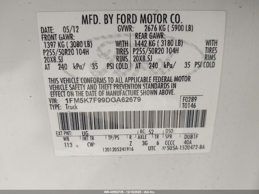 2013 Ford Explorer Limited VIN: 1FM5K7F99DGA62679 Lot: 43982735