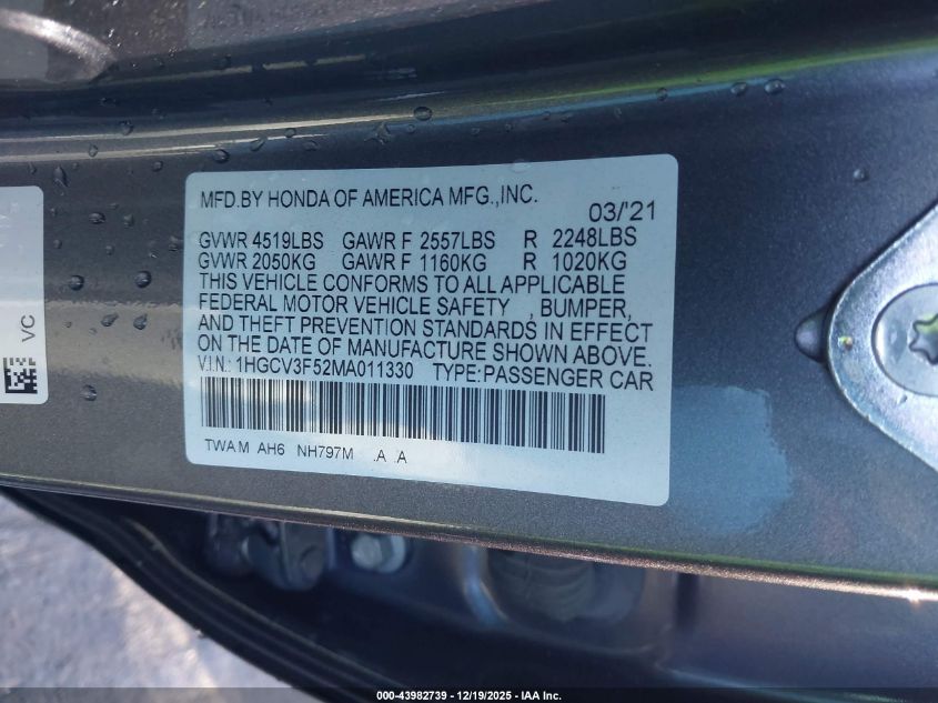 2021 Honda Accord Hybrid Ex-L VIN: 1HGCV3F52MA011330 Lot: 43982739