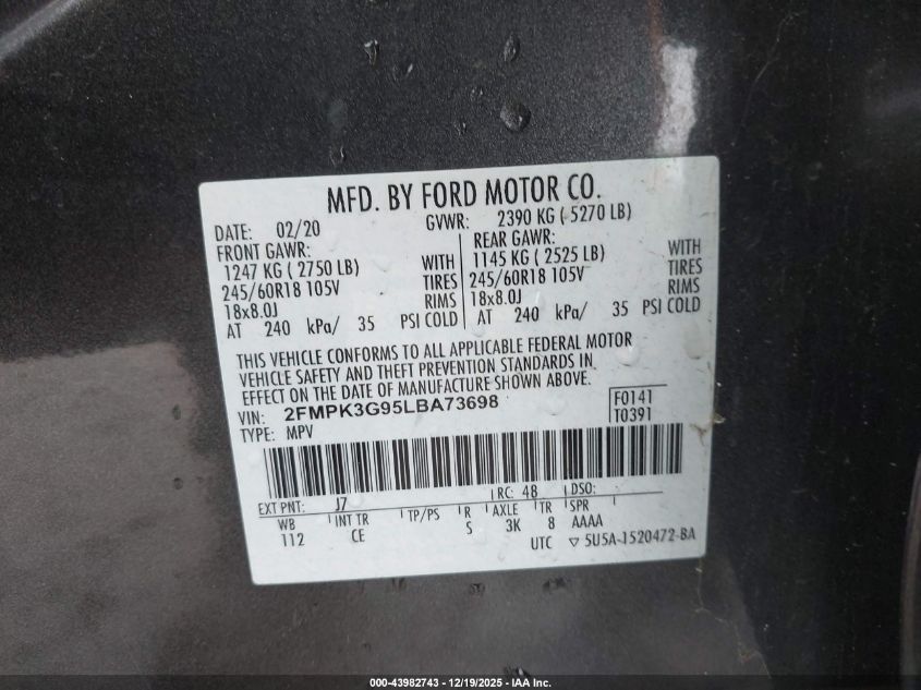 2020 Ford Edge Se VIN: 2FMPK3G95LBA73698 Lot: 43982743