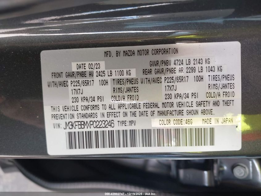 2023 Mazda Cx-5 2.5 S Select VIN: JM3KFBBMXP0223246 Lot: 43982747