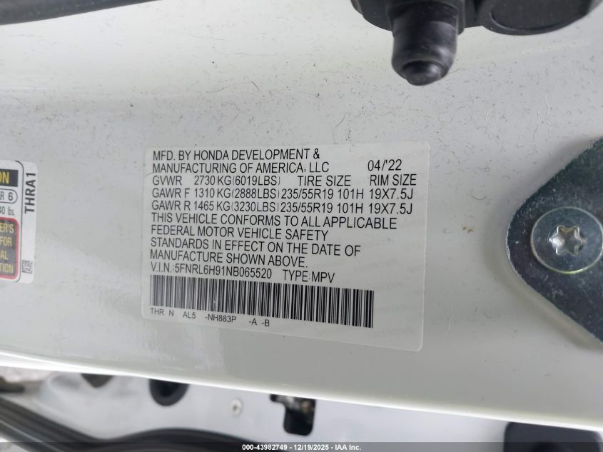 2022 Honda Odyssey Elite VIN: 5FNRL6H91NB065520 Lot: 43982749