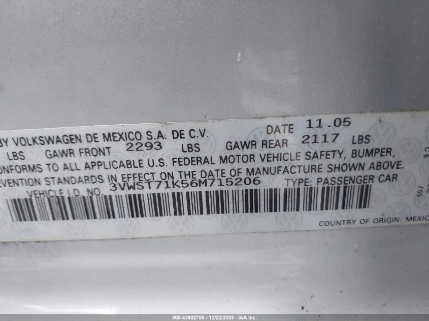 2006 Volkswagen Jetta Tdi VIN: 3VWST71K56M715206 Lot: 43982755