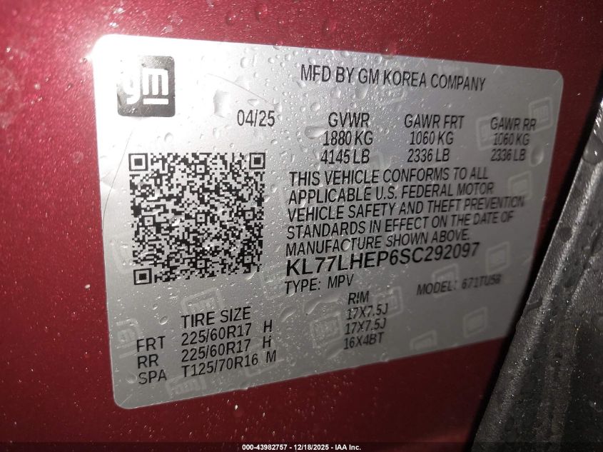 2025 Chevrolet Trax Fwd Lt VIN: KL77LHEP6SC292097 Lot: 43982757