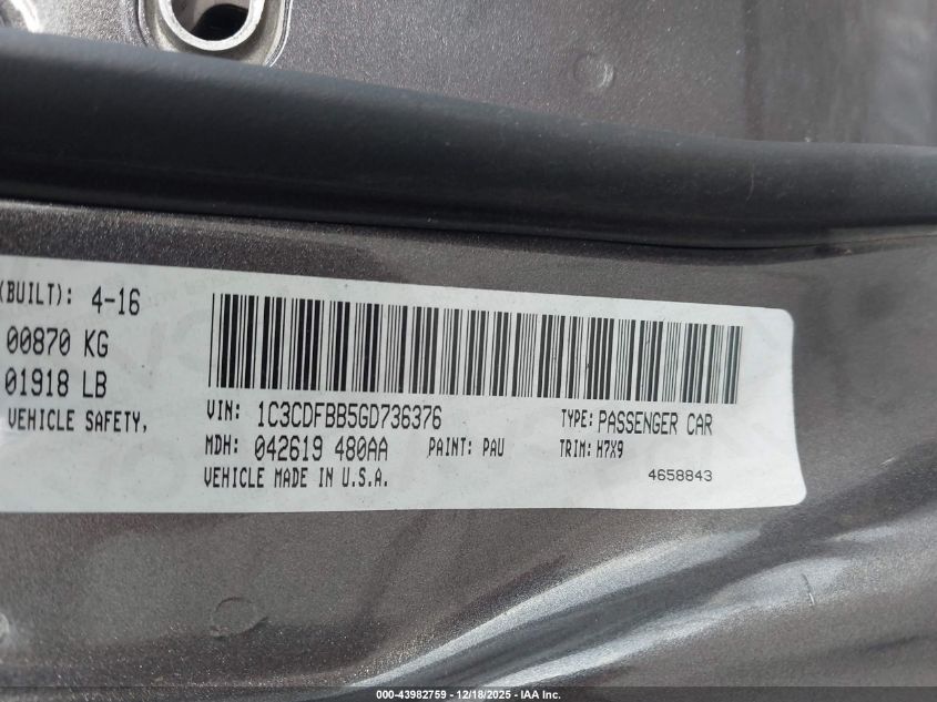 2016 Dodge Dart Sxt VIN: 1C3CDFBB5GD736376 Lot: 43982759