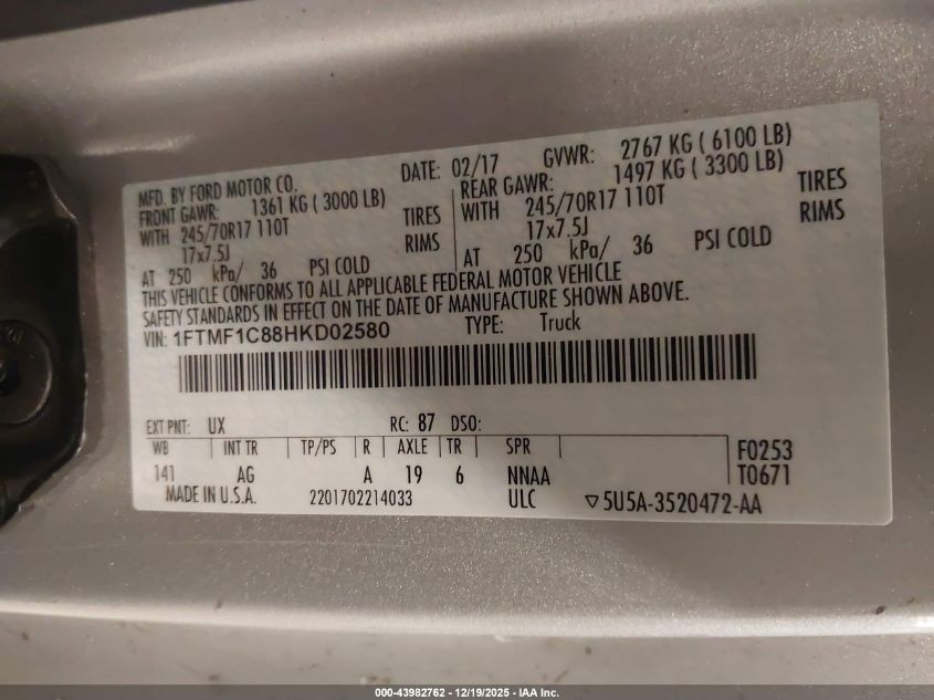 2017 Ford F-150 Xl VIN: 1FTMF1C88HKD02580 Lot: 43982762