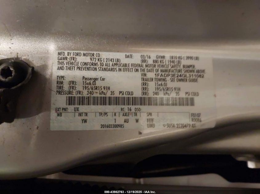 2016 Ford Focus S VIN: 1FADP3E24GL311082 Lot: 43982763