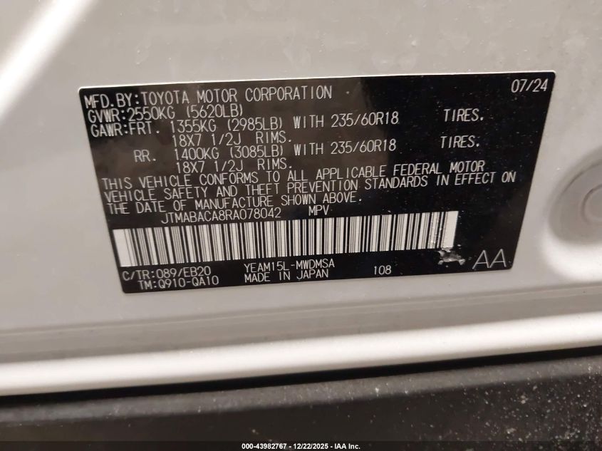 2024 Toyota Bz4X Xle VIN: JTMABACA8RA078042 Lot: 43982767