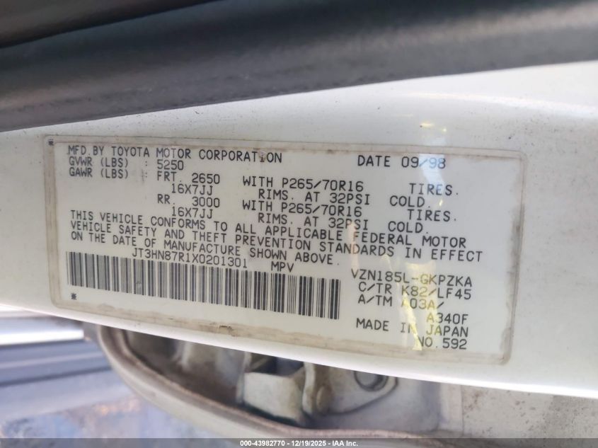 1999 Toyota 4Runner Limited V6 VIN: JT3HN87R1X0201301 Lot: 43982770