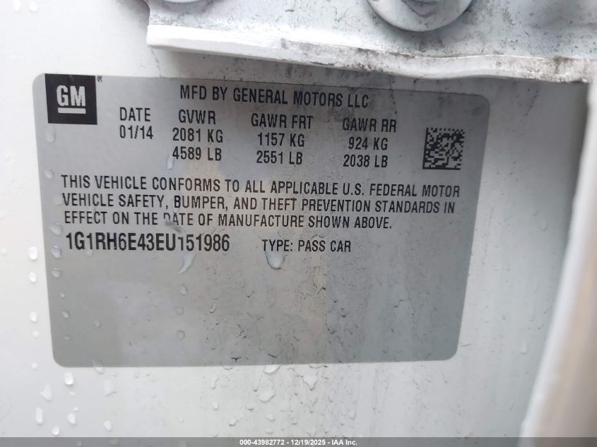 2014 Chevrolet Volt VIN: 1G1RH6E43EU151986 Lot: 43982772