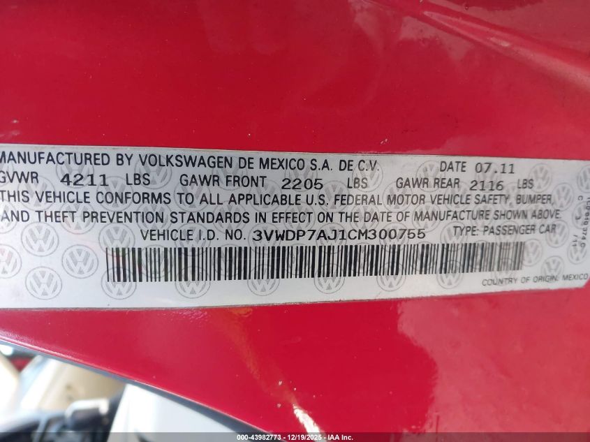 2012 Volkswagen Jetta 2.5L Se VIN: 3VWDP7AJ1CM300755 Lot: 43982773