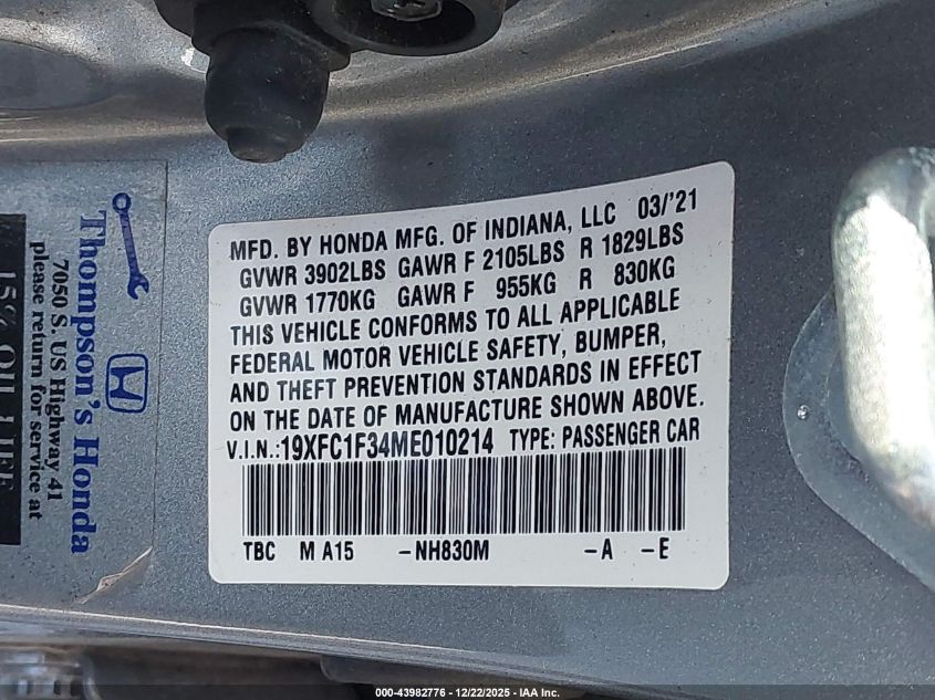 2021 Honda Civic Ex VIN: 19XFC1F34ME010214 Lot: 43982776