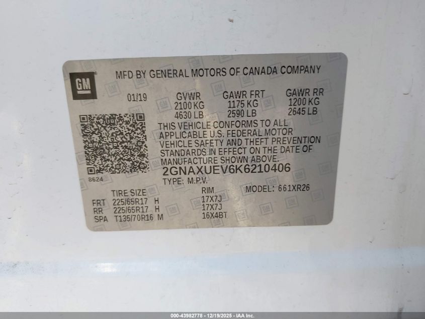 2019 Chevrolet Equinox Lt VIN: 2GNAXUEV6K6210406 Lot: 43982778