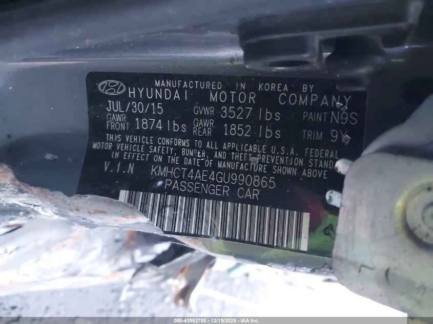 2016 Hyundai Accent Se VIN: KMHCT4AE4GU990865 Lot: 43982780