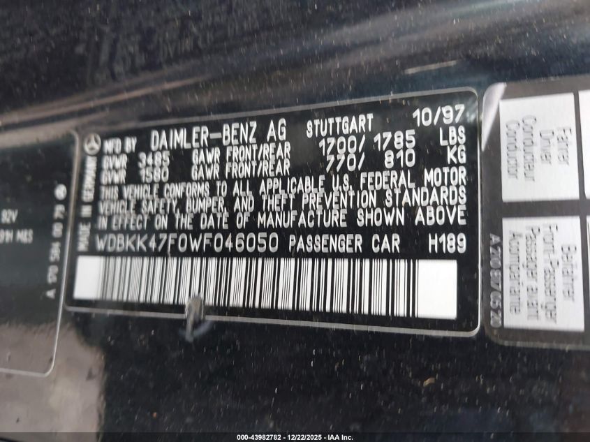 1998 Mercedes-Benz Slk 230 VIN: WDBKK47F0WF046050 Lot: 43982782