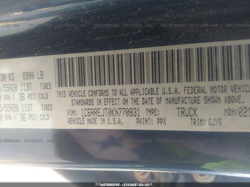 2019 Ram 1500 Laramie 4X2 5'7 Box VIN: 1C6RREJT0KN770831 Lot: 43982784