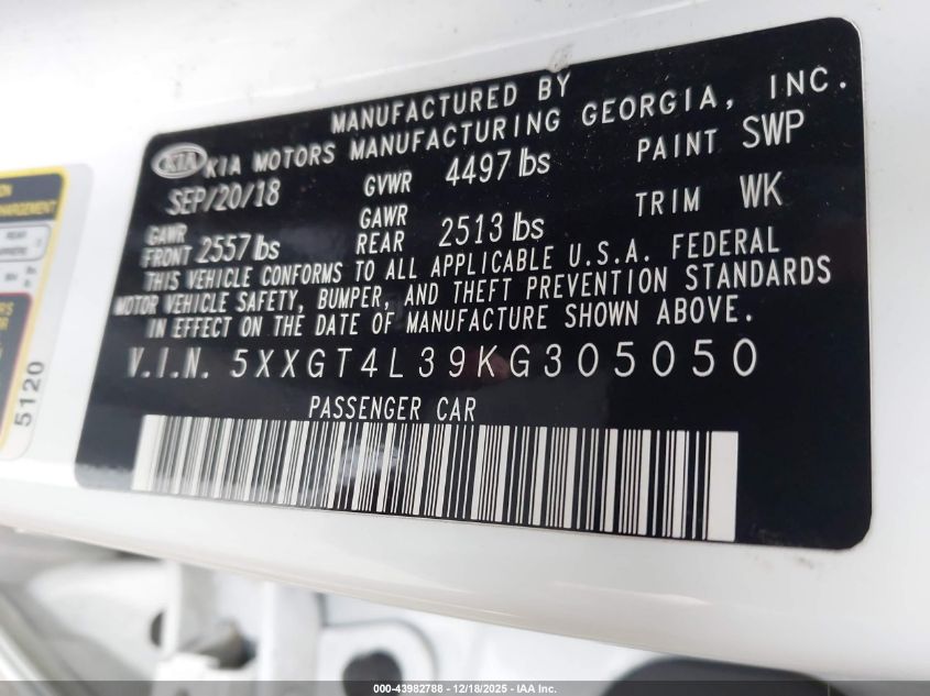 2019 Kia Optima Lx VIN: 5XXGT4L39KG305050 Lot: 43982788