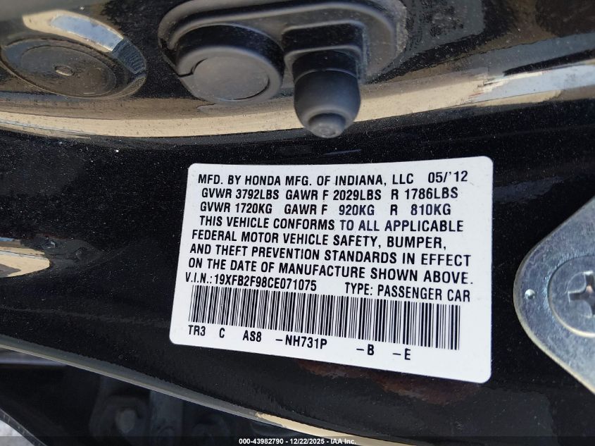 2012 Honda Civic Ex-L VIN: 19XFB2F98CE071075 Lot: 43982790