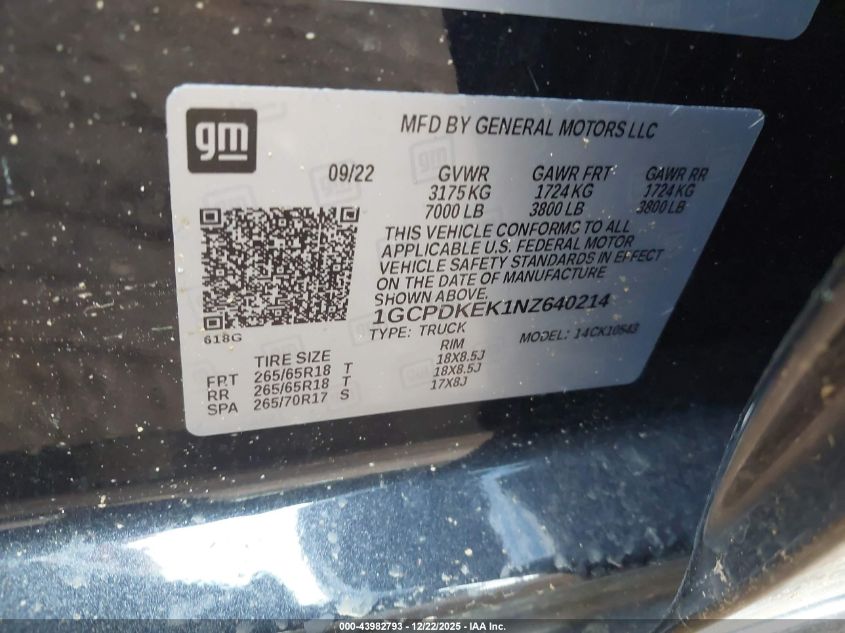 2022 Chevrolet Silverado 1500 4Wd Short Bed Lt With 2Fl VIN: 1GCPDKEK1NZ640214 Lot: 43982793