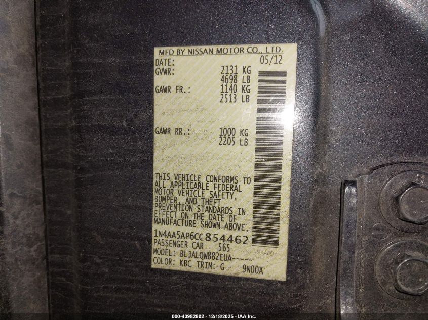 2012 Nissan Maxima 3.5 S VIN: 1N4AA5AP6CC854462 Lot: 43982802