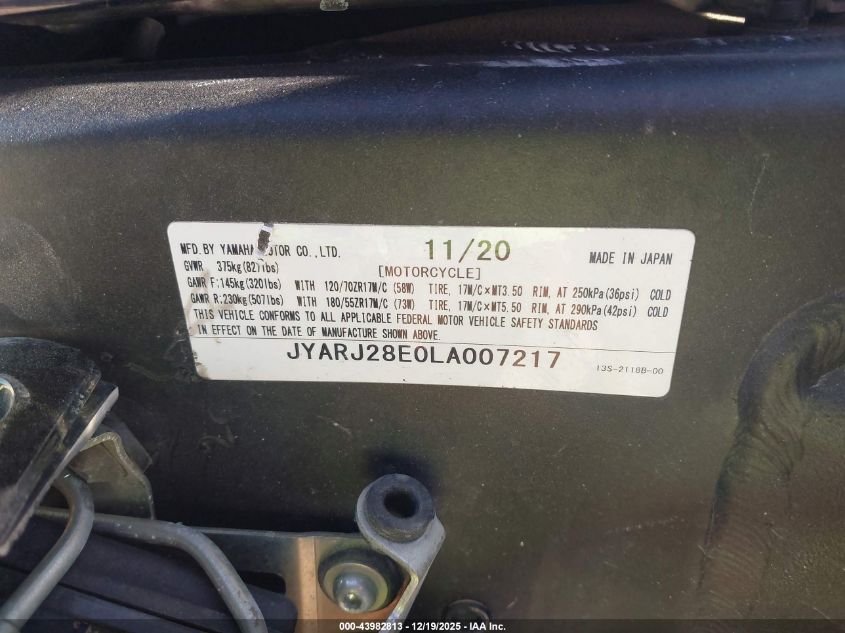 2020 Yamaha Yzfr6 VIN: JYARJ28E0LA007217 Lot: 43982813