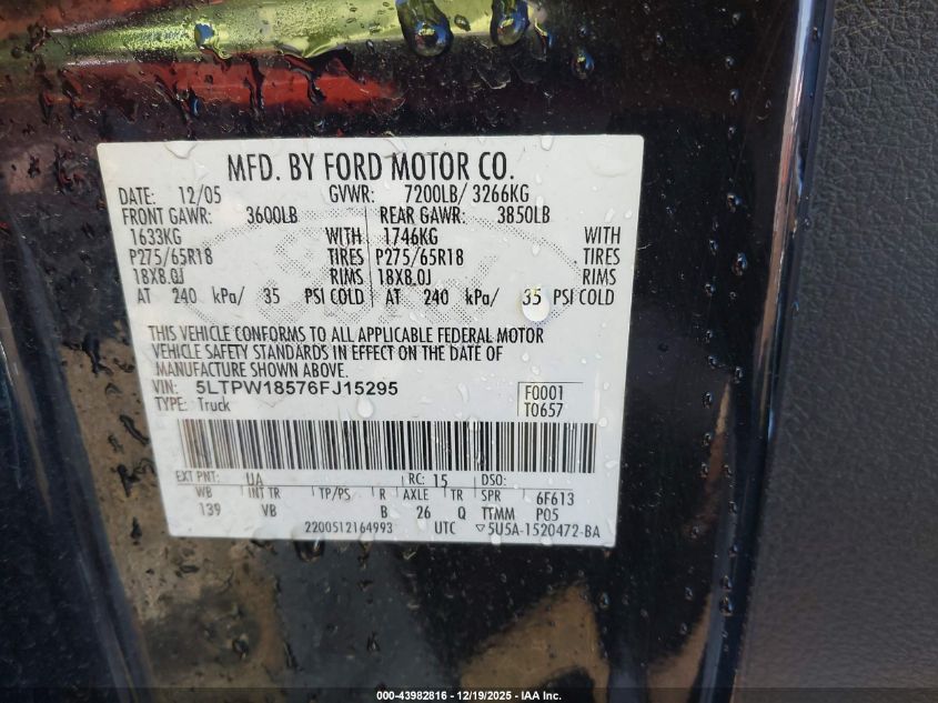 2006 Lincoln Mark Lt VIN: 5LTPW18576FJ15295 Lot: 43982816