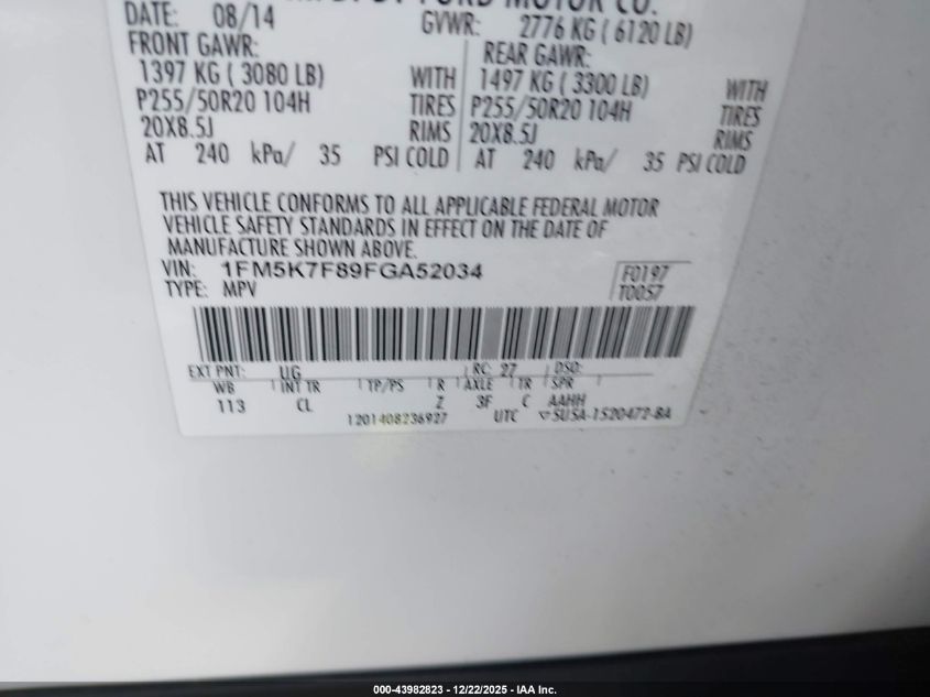 2015 Ford Explorer Limited VIN: 1FM5K7F89FGA52034 Lot: 43982823