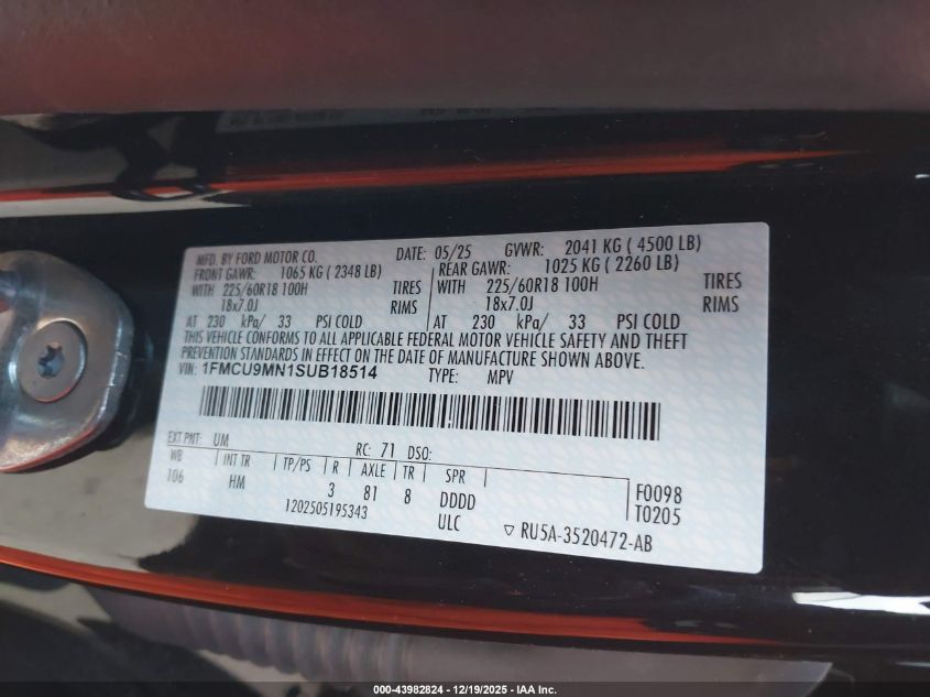 2025 Ford Escape St-Line VIN: 1FMCU9MN1SUB18514 Lot: 43982824