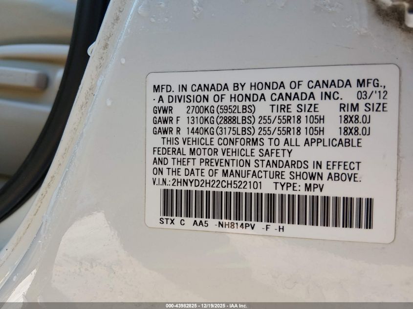 2012 Acura Mdx VIN: 2HNYD2H22CH522101 Lot: 43982825