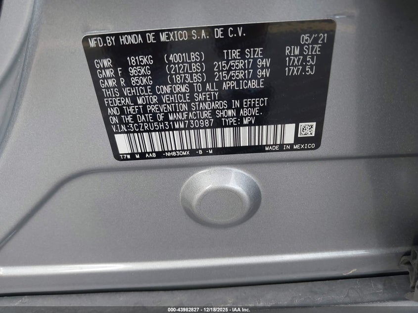 VIN 3CZRU5H31MM730987 2021 HONDA HR-V 2WD LX