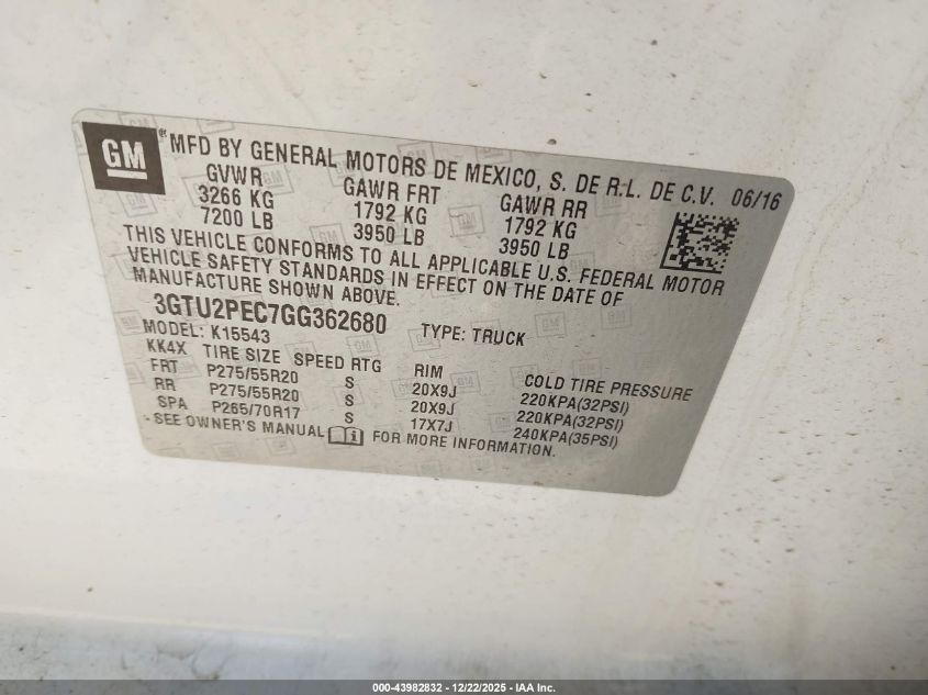 2016 GMC Sierra 1500 Denali VIN: 3GTU2PEC7GG362680 Lot: 43982832