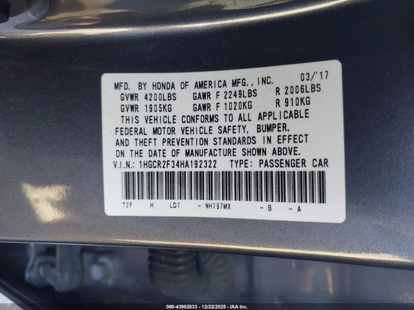 2017 Honda Accord Lx VIN: 1HGCR2F34HA192322 Lot: 43982833