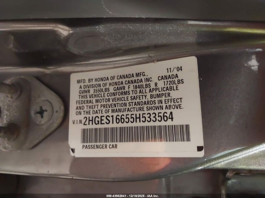 2005 Honda Civic Lx VIN: 2HGES16655H533564 Lot: 43982841