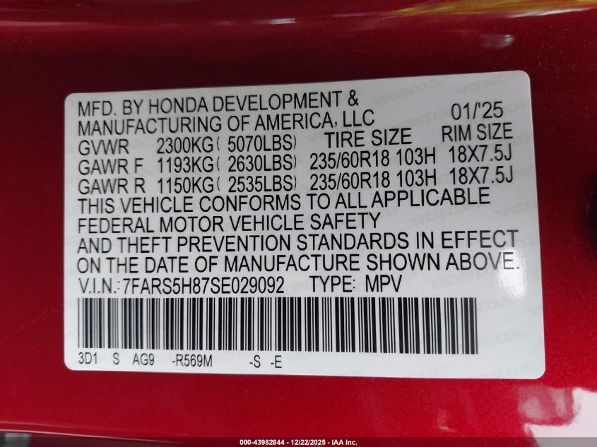 2025 Honda Cr-V Hybrid Sport-L VIN: 7FARS5H87SE029092 Lot: 43982844