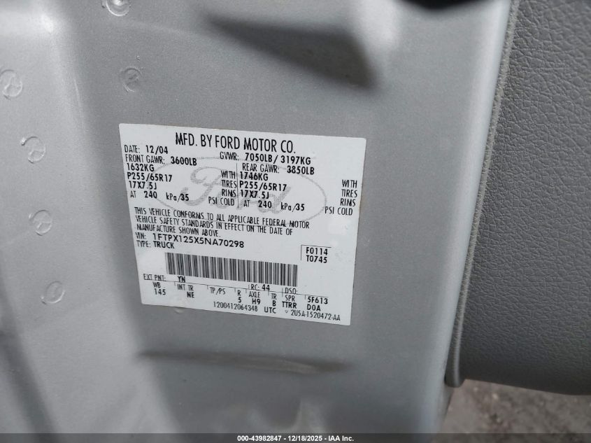 2005 Ford F-150 Lariat/Xl/Xlt VIN: 1FTPX125X5NA70298 Lot: 43982847