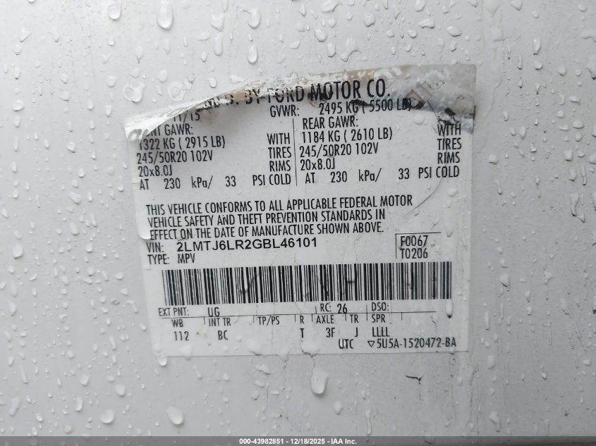 2016 Lincoln Mkx Reserve VIN: 2LMTJ6LR2GBL46101 Lot: 43982851