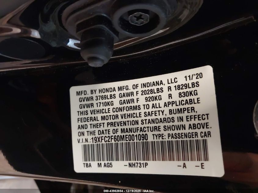 2021 Honda Civic Lx VIN: 19XFC2F60ME001090 Lot: 43982854