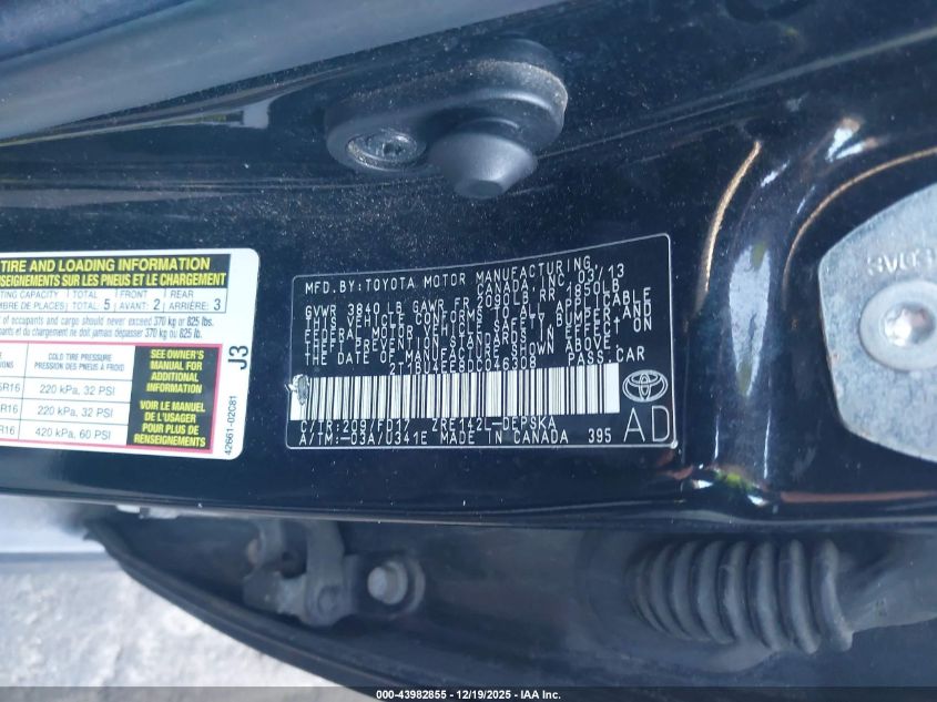 2013 Toyota Corolla S VIN: 2T1BU4EE8DC046308 Lot: 43982855