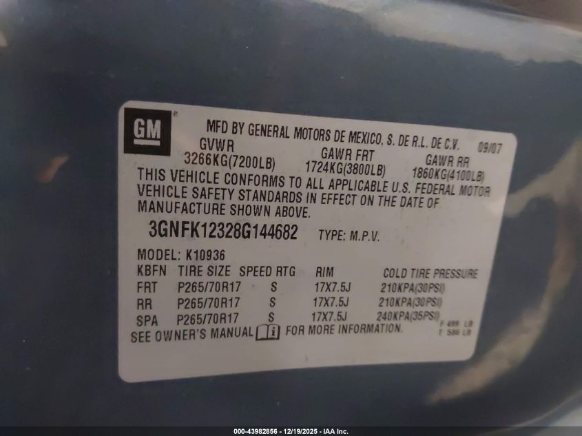 2008 Chevrolet Avalanche 1500 Lt VIN: 3GNFK12328G144682 Lot: 43982856