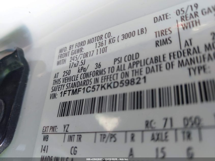 2019 Ford F-150 Xl VIN: 1FTMF1C57KKD59821 Lot: 43982857