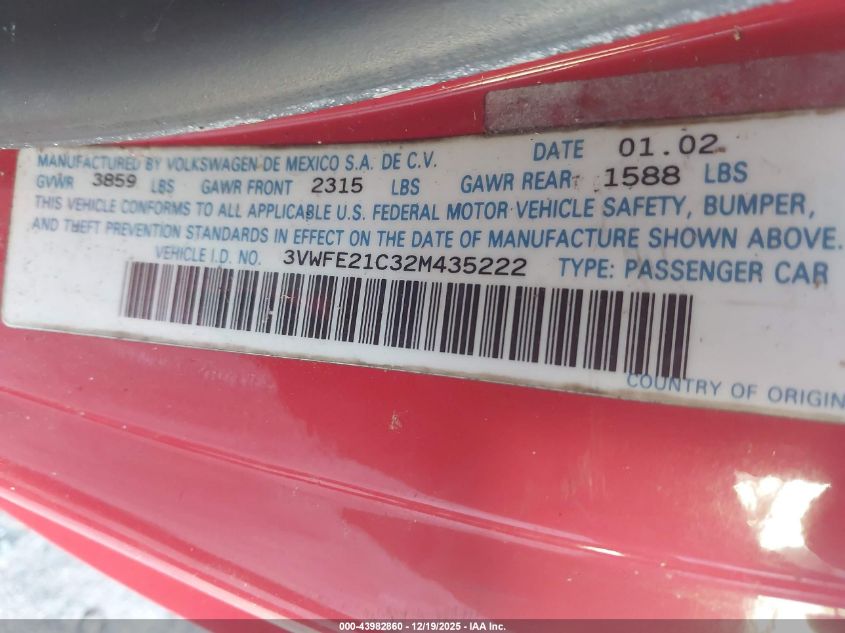 2002 Volkswagen New Beetle Turbo S VIN: 3VWFE21C32M435222 Lot: 43982860