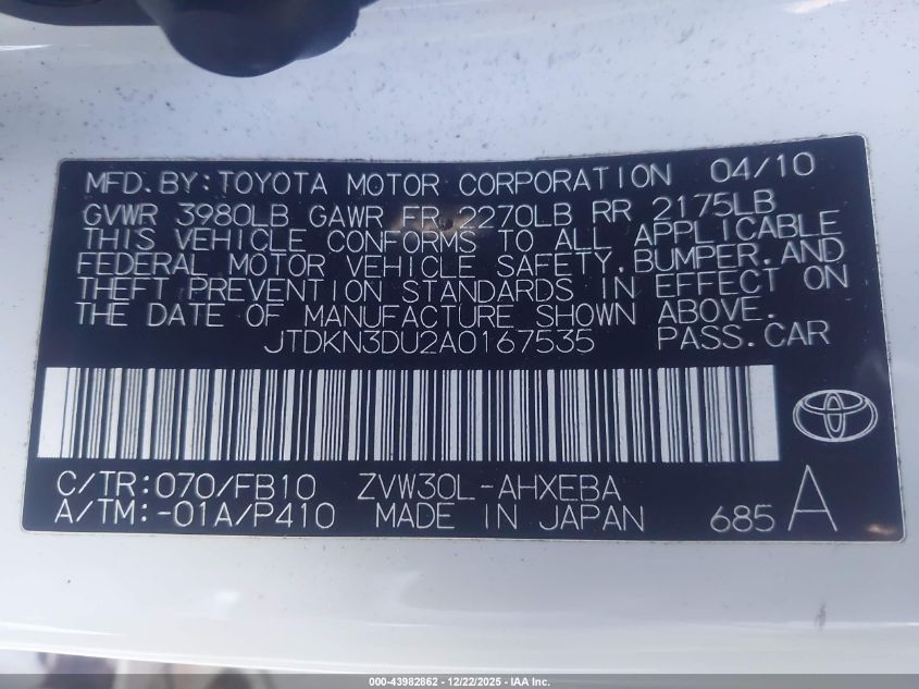 2010 Toyota Prius Ii VIN: JTDKN3DU2A0167535 Lot: 43982862