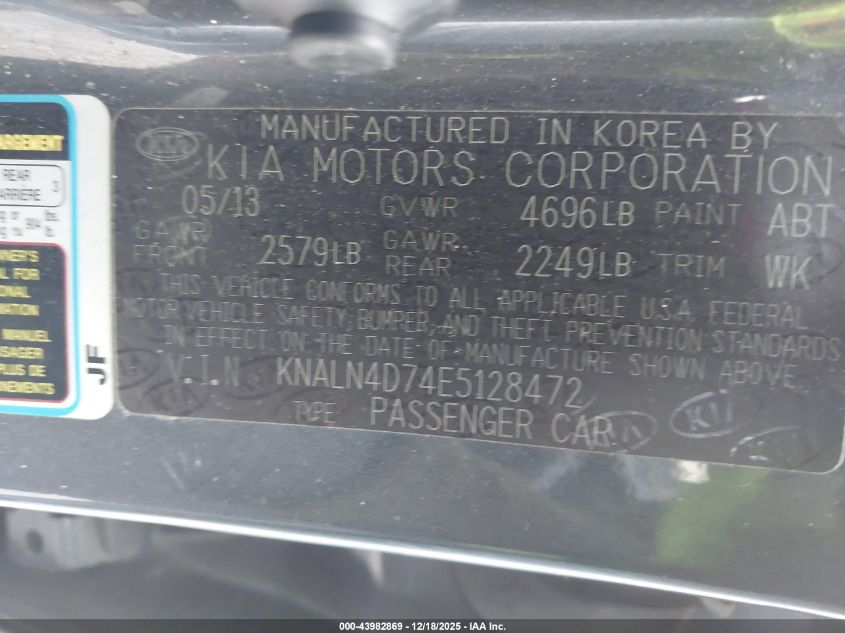 2014 Kia Cadenza Premium VIN: KNALN4D74E5128472 Lot: 43982869