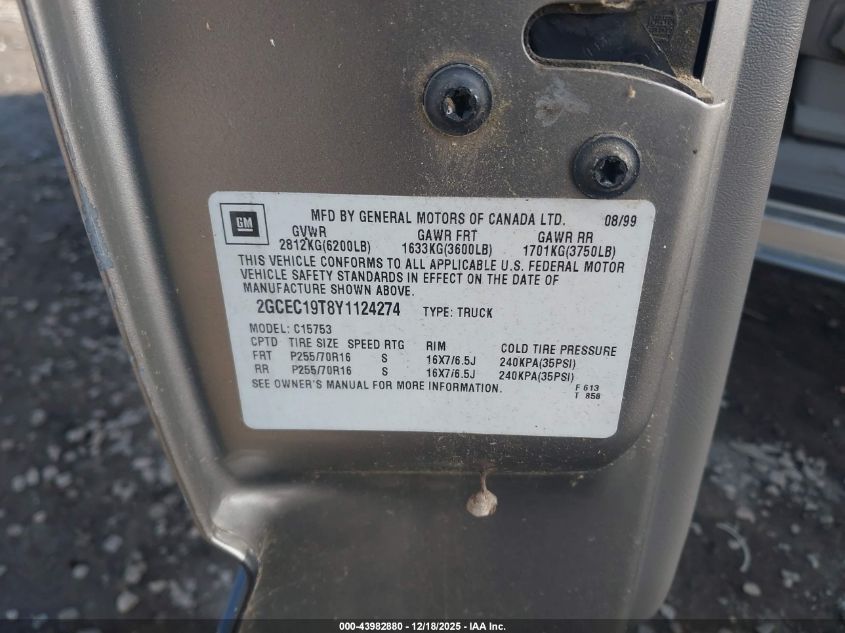 2000 Chevrolet Silverado 1500 Ls VIN: 2GCEC19T8Y1124274 Lot: 43982880