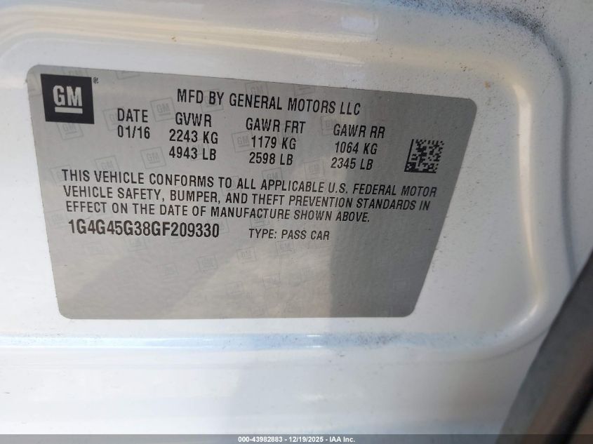 2016 Buick Lacrosse Sport Touring VIN: 1G4G45G38GF209330 Lot: 43982883