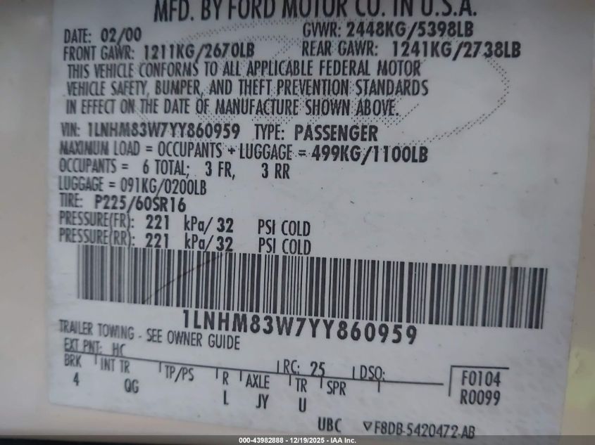 2000 Lincoln Town Car Cartier VIN: 1LNHM83W7YY860959 Lot: 43982888