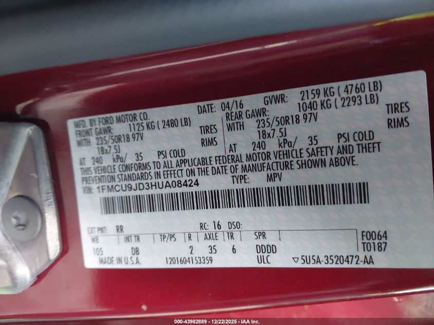 2017 Ford Escape Titanium VIN: 1FMCU9JD3HUA08424 Lot: 43982889